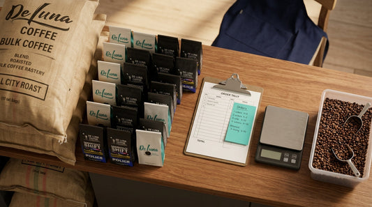 A tabletop display of small boxed products and samples, with a sign reading “De Luna” and “Coffee” in the background, alongside a few fabric-like sample cards arranged in rows.