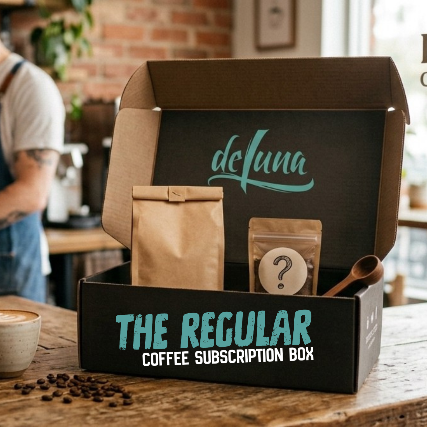An open black coffee subscription box labeled 'THE REGULAR COFFEE SUBSCRIPTION BOX' sits on a wooden table in a cafe setting. Inside are a brown paper coffee bag, a small pouch with a question mark, and a wooden spoon.