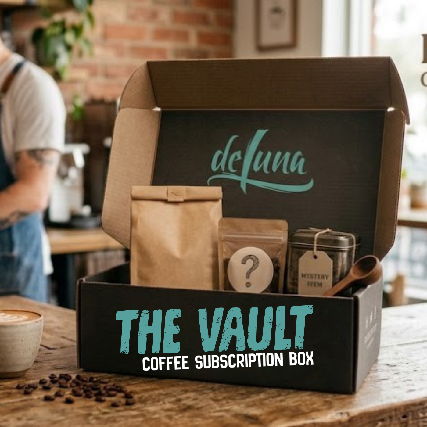 An open coffee subscription box labeled 'THE VAULT COFFEE SUBSCRIPTION BOX' sits on a wooden table in a cafe setting. Inside are coffee-related items including a kraft paper bag, a small mystery item pouch with a question mark, a jar tag, and a wooden spoon.